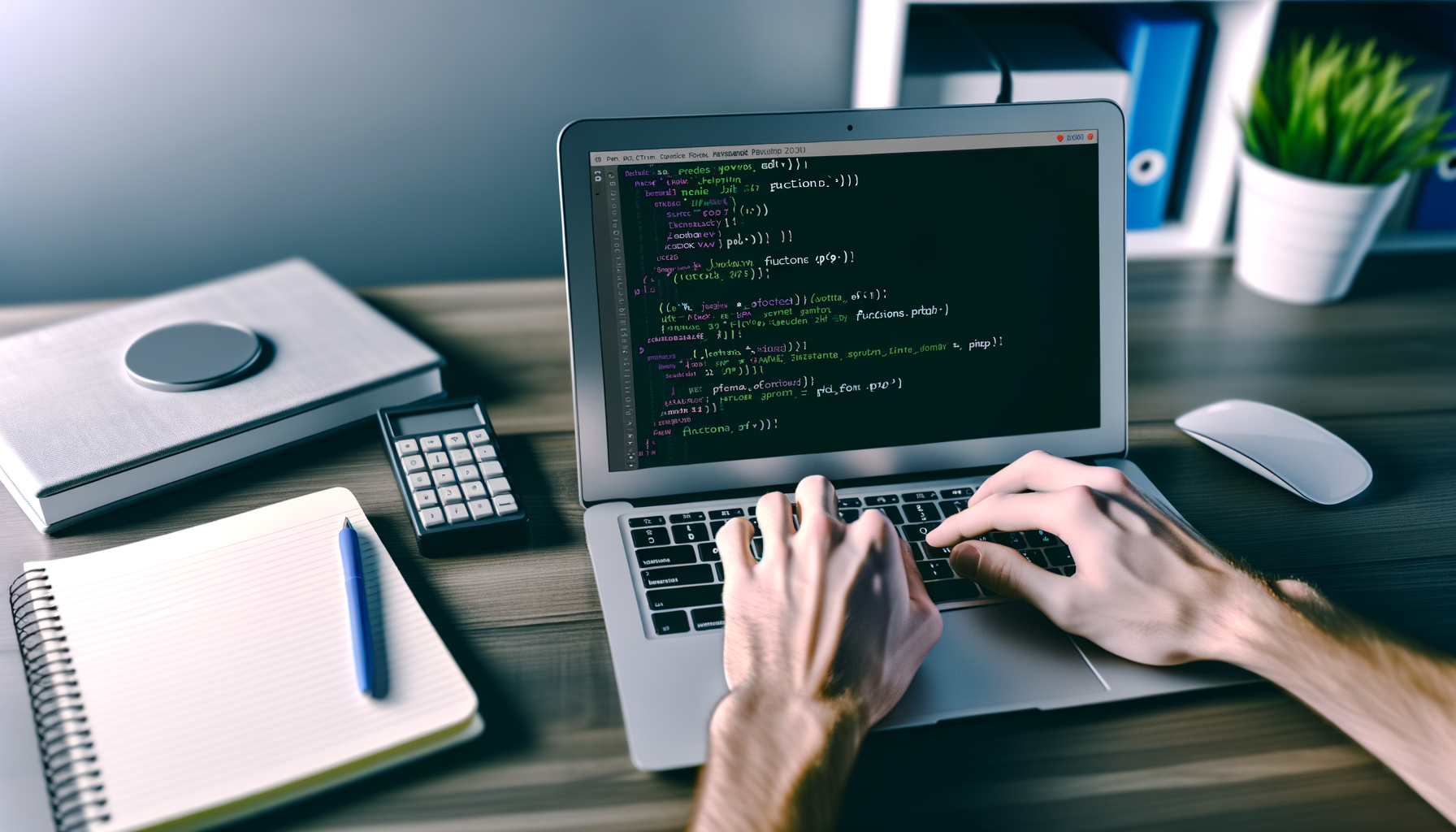 Mani che digitano codice su un laptop con editor di testo aperto in un ambiente di lavoro ordinato